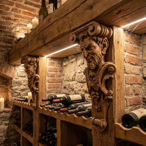Close-up view of an intricately carved wooden corbel depicting a grinning satyr head surrounded by grapes and leaves, supporting a rustic wooden shelf with wine bottles in a brick wine cellar lit by warm LED lights.